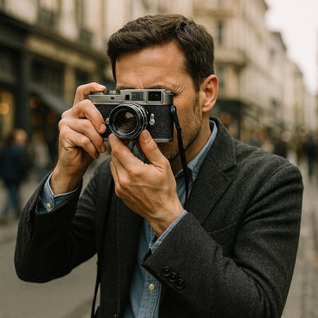 Handsome middle-aged man taking a photo with a vintage camera