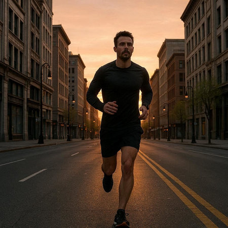 Athletic young man running in the city at sunset.