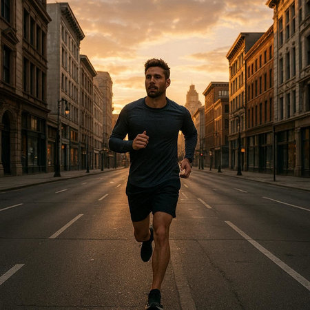 Running man jogging in the city at sunset. Sport fitness model caucasian ethnicity training outdoor.
