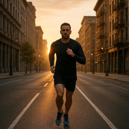 Running man jogging in the city at sunrise. Sport fitness model caucasian ethnicity training...