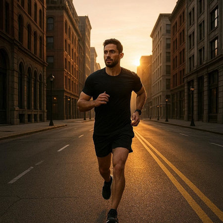 Running man jogging in the city at sunset. Sport fitness model caucasian ethnicity training outdoor.の写真素材