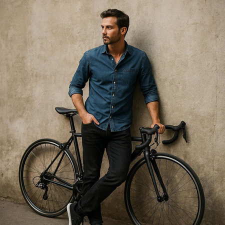 Handsome young man in blue shirt and jeans standing with his bicycle near the concrete wall