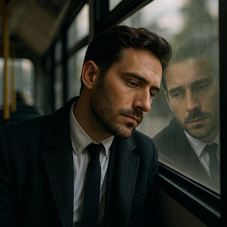 Portrait of a handsome man in a suit looking through the window of a bus
