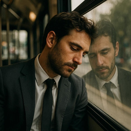 Handsome young businessman looking out the window of a train.の写真素材