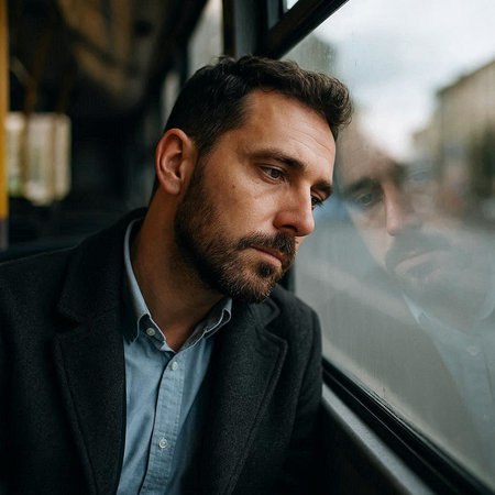 Handsome bearded man in a blue jacket on the background of the window.