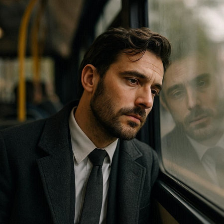 portrait of a handsome man in a business suit on a busの写真素材