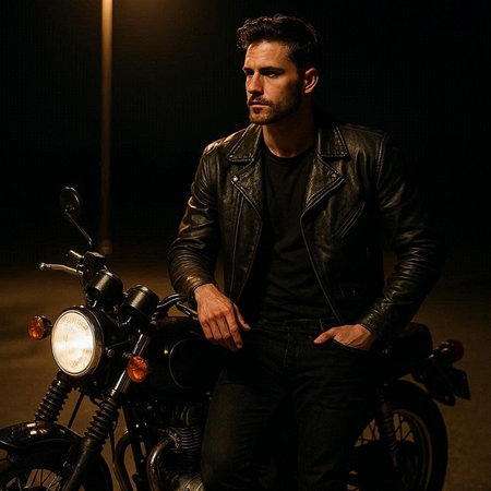 Portrait of a handsome brutal biker in a leather jacket and jeans sitting on a motorcycle on a dark...