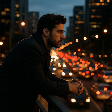Handsome young man in black coat standing on the balcony and looking at the city at nightの写真素材