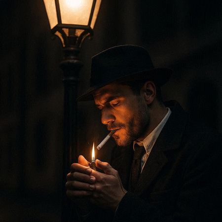 Portrait of a man in a hat smoking a cigarette in the dark
