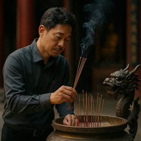 Asian man incense burner in a temple, closeup of photoの写真素材
