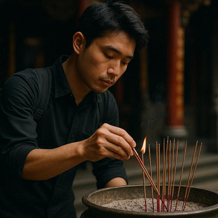 Asian man lighting incense sticks in a temple in Hong Kong.