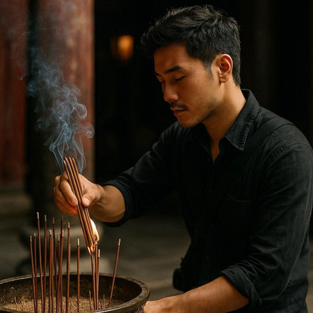 Handsome asian man lighting incense sticks in a templeの写真素材