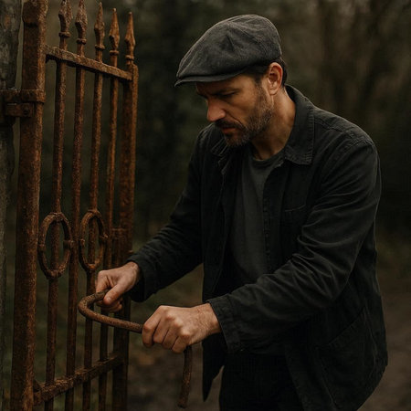 Handsome bearded man in a cap and black jacket with a rusty iron gate.の写真素材
