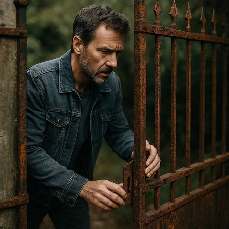 Portrait of a mature man in a denim jacket standing by a rusty fence.