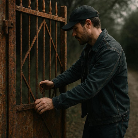 A man in a baseball cap and a denim jacket stands near the old rusty gate.