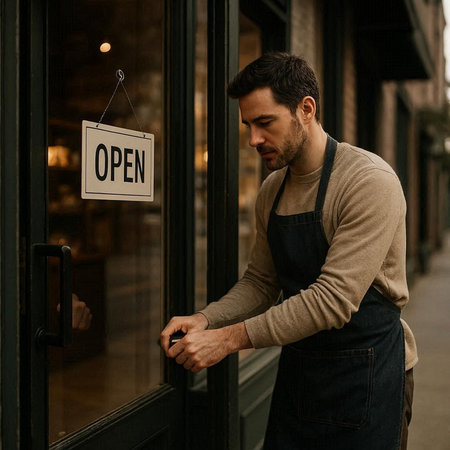 Handsome young man in apron standing with open sign on the door.