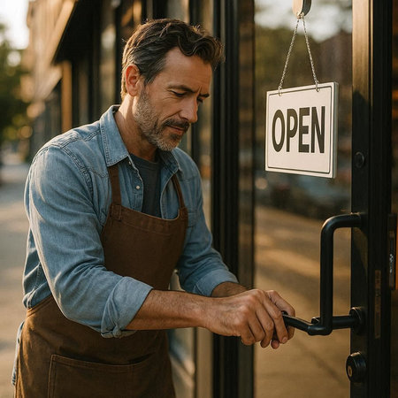 Portrait of a mature man opening a door at a coffee shop.