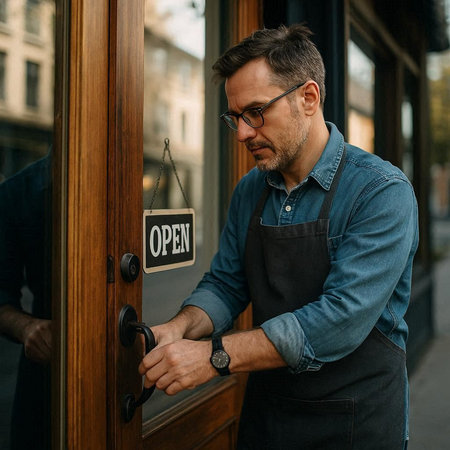Portrait of a handsome mature man in glasses and a blue denim shirt opening the door of a cafe.の写真素材