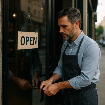 handsome mature man in apron opening door with open signboardの写真素材