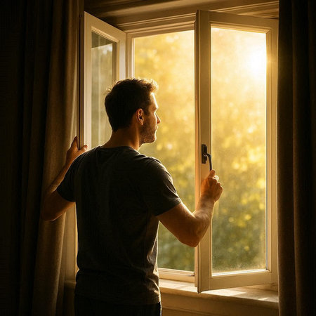 Man opening the window with a key in his hand and looking out the windowの写真素材
