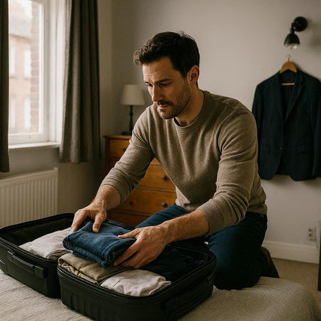 Young man packing his suitcase in hotel room. Concept of travel and vacation.