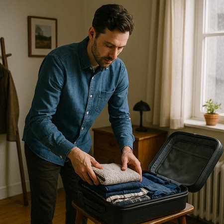 Young man packing clothes into suitcase at home. Handsome man packing clothes into suitcase at home.
