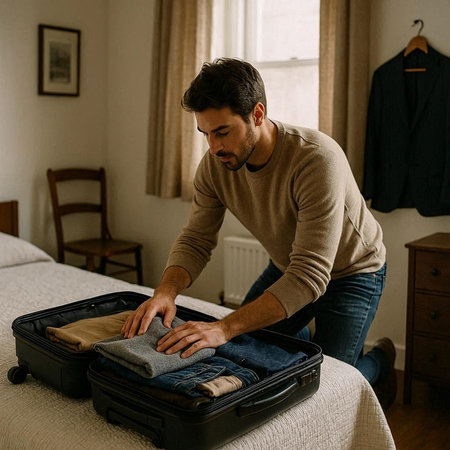 Young man packing his clothes into a suitcase in the hotel room.の写真素材