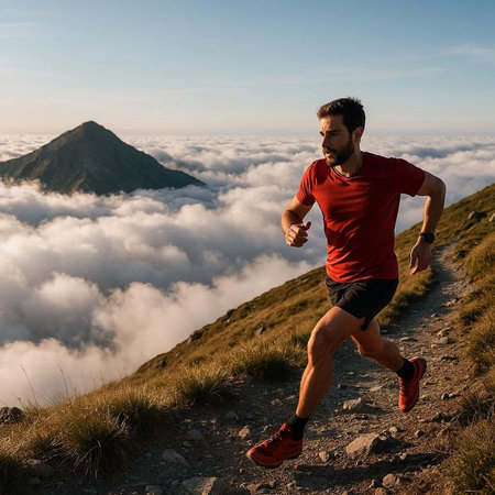 Young man running in the mountains. Healthy lifestyle and sport concept.