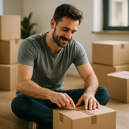 smiling young man unpacking cardboard boxes in new house, relocation conceptの写真素材