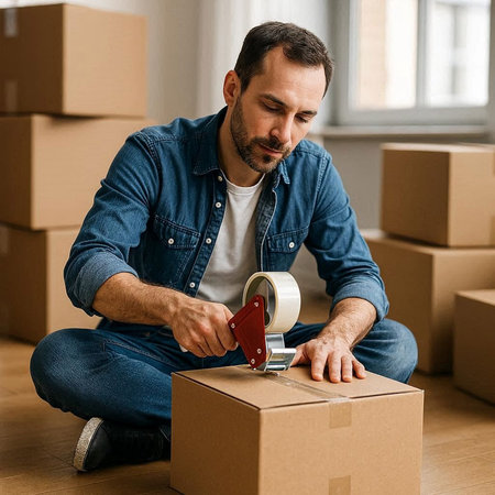 handsome man packing cardboard box at new home, moving day concept