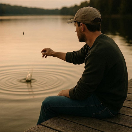Man sitting on a pier and fishing in a lake in the evening