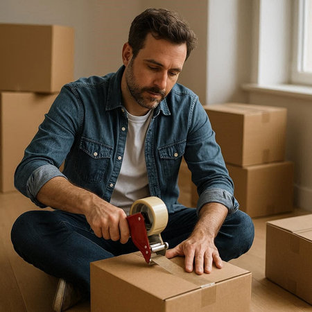 Confident young man using a tape dispenser while moving in a new homeの写真素材