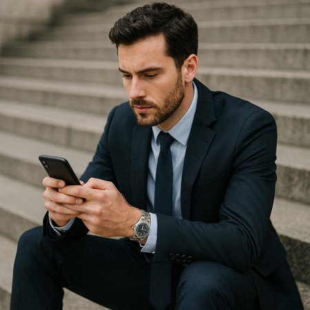 Serious young businessman in suit using smartphone while sitting on stairs outdoors