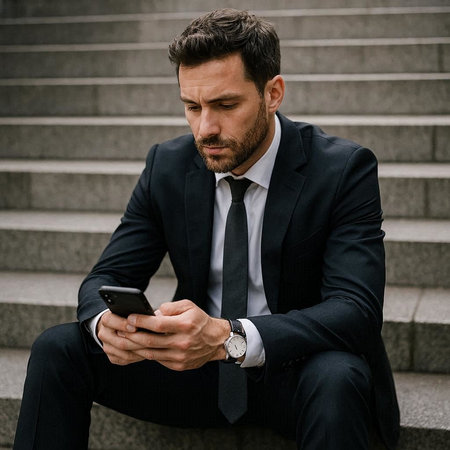 Serious businessman in formalwear using smartphone while sitting on stairs outdoors