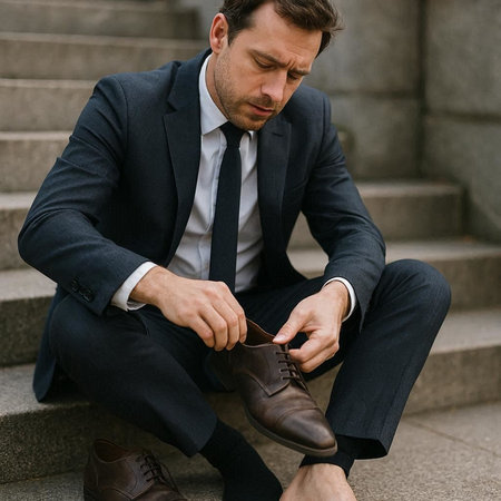 Handsome businessman in suit sitting on steps and tying his shoesの写真素材