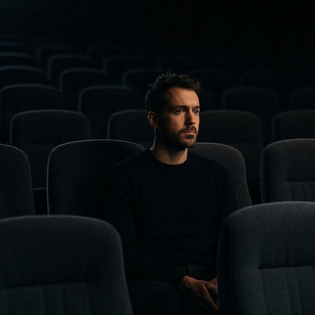 Portrait of a man sitting in the cinema hall and watching movie