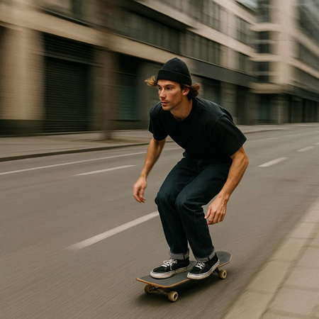 Skateboarder riding on a longboard in the city.の写真素材