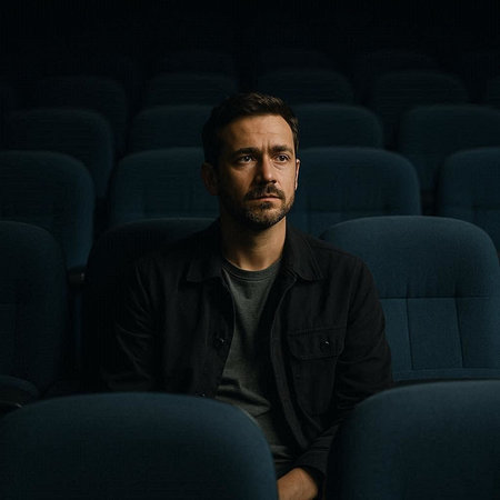 Portrait of a man sitting in the cinema and looking at the camera