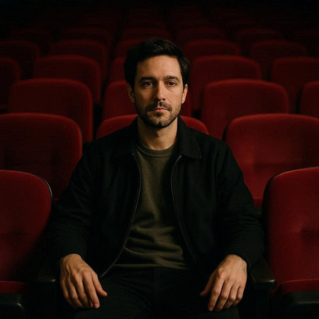 Man sitting in cinema and looking at camera. Portrait of man in movie theater