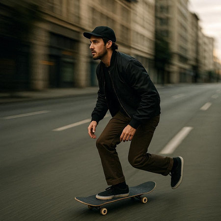 Handsome young man riding skateboard on the road. Urban lifestyle.の写真素材