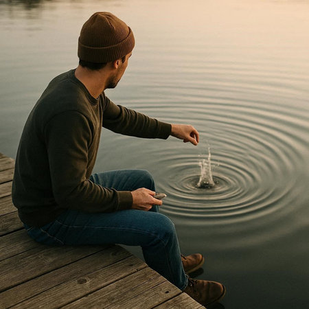 Man sitting on the pier and drinking water from a fountain at sunset