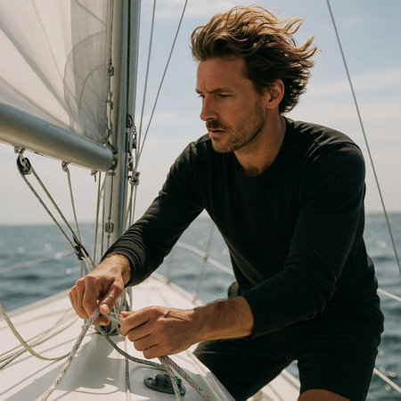Attractive young man sailing on a yacht on a sunny day.