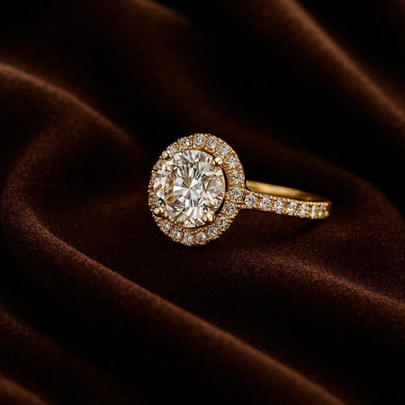 Jewelry diamond ring on a background of brown satin.