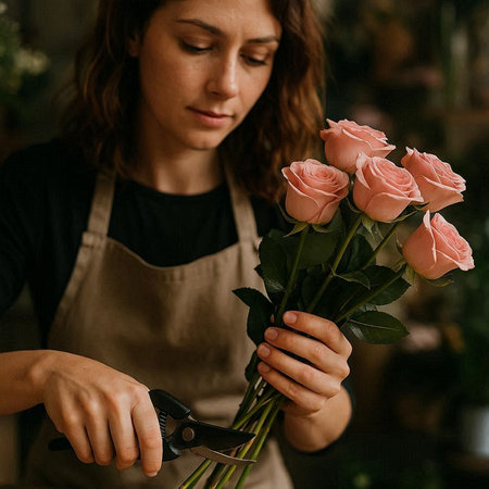 Young woman florist in apron making bouquet of pink rosesの写真素材