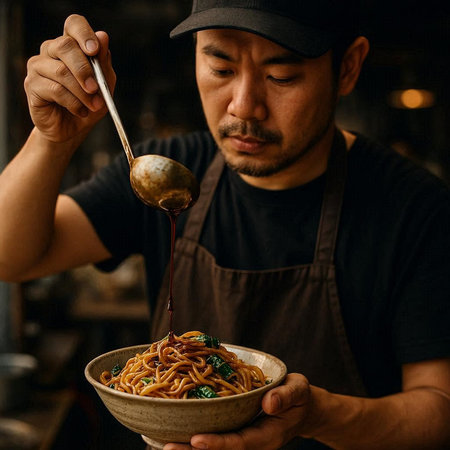 Asian man holding a bowl of noodle with chili sauce and spoon
