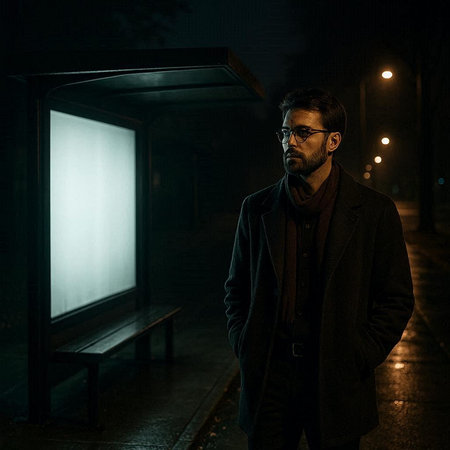 Attractive man in a coat and glasses is standing in the street at night.