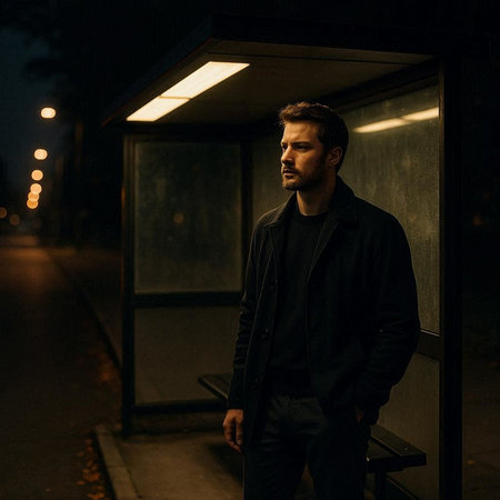 Handsome young man with a beard in a black jacket on the street at nightの写真素材