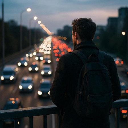 Young man with backpack standing on the bridge and looking at the traffic jam