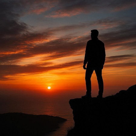 Silhouette of a man standing on top of a mountain and looking at the sunsetの写真素材