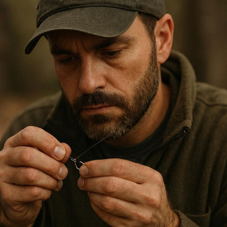 A closeup shot of a bearded man in a cap holding a pair of tweezers